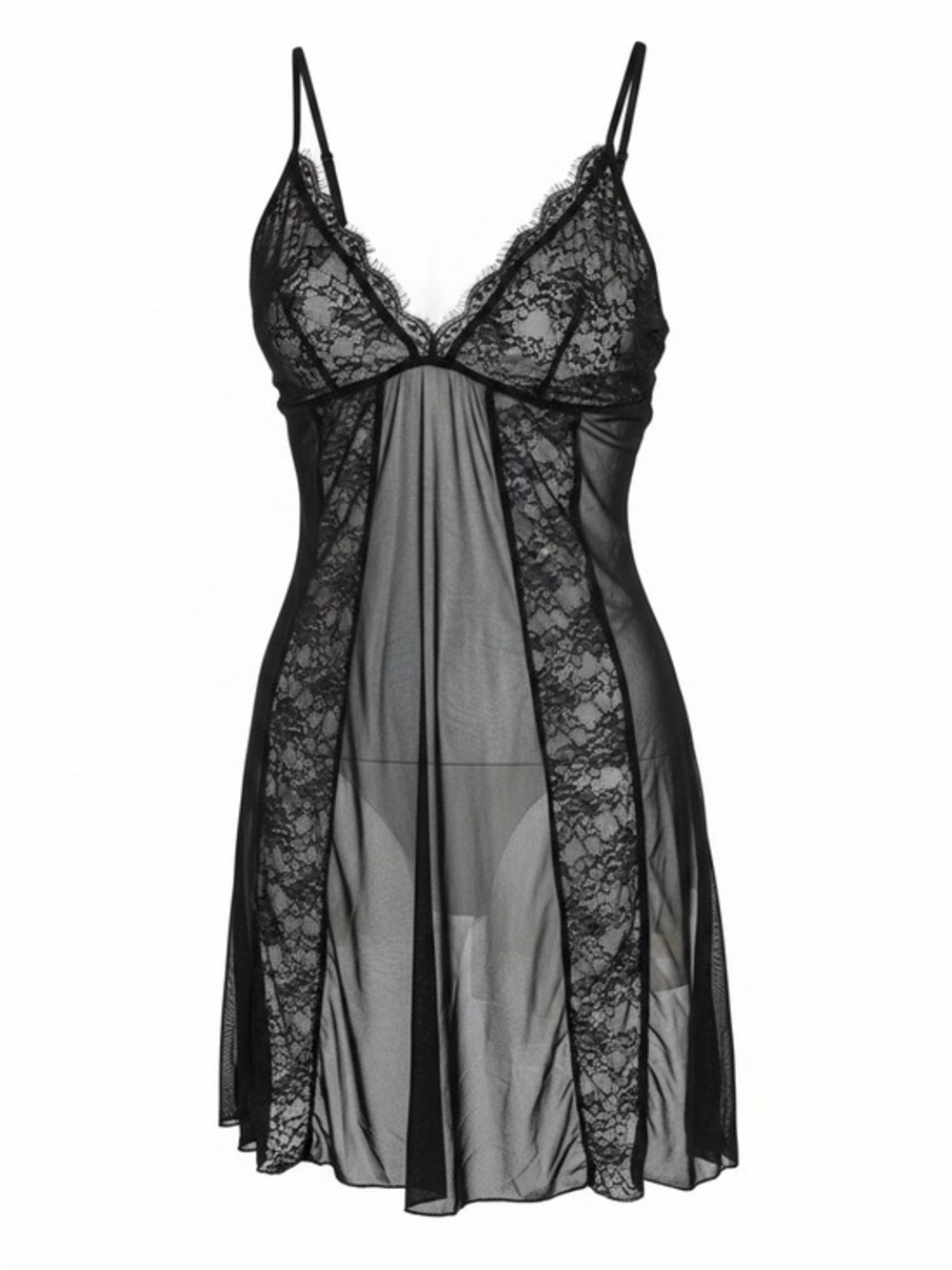 ROVE Black Lace & Mesh Chemise with Adjustable Straps